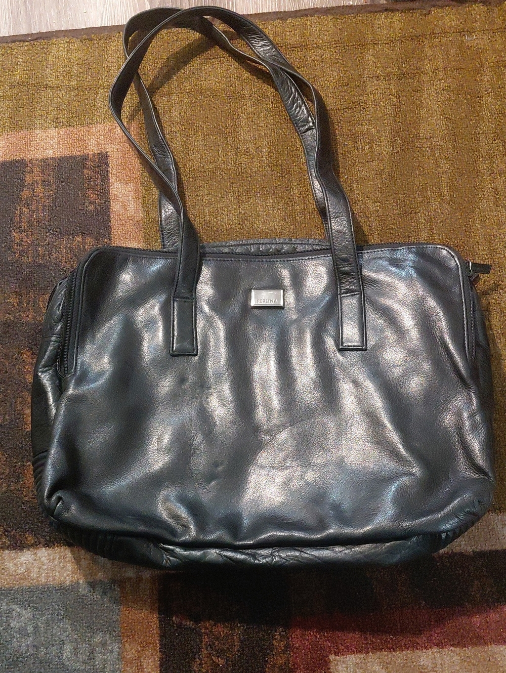 Perlina Black Leather Shoulder Tote